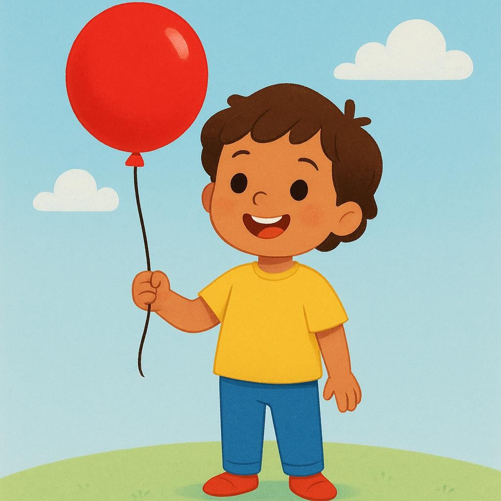 A colorful storybook illustration of a happy child holding a bright red balloon firmly in their hand, representing the action of taking or receiving an item.