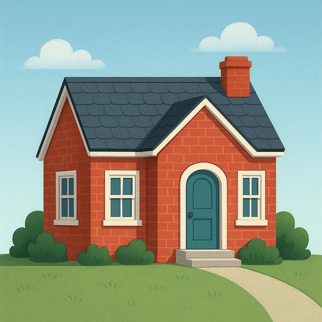 A small, simple but sturdy two-story house with a brown roof and a single lighted window, representing a basic residence.