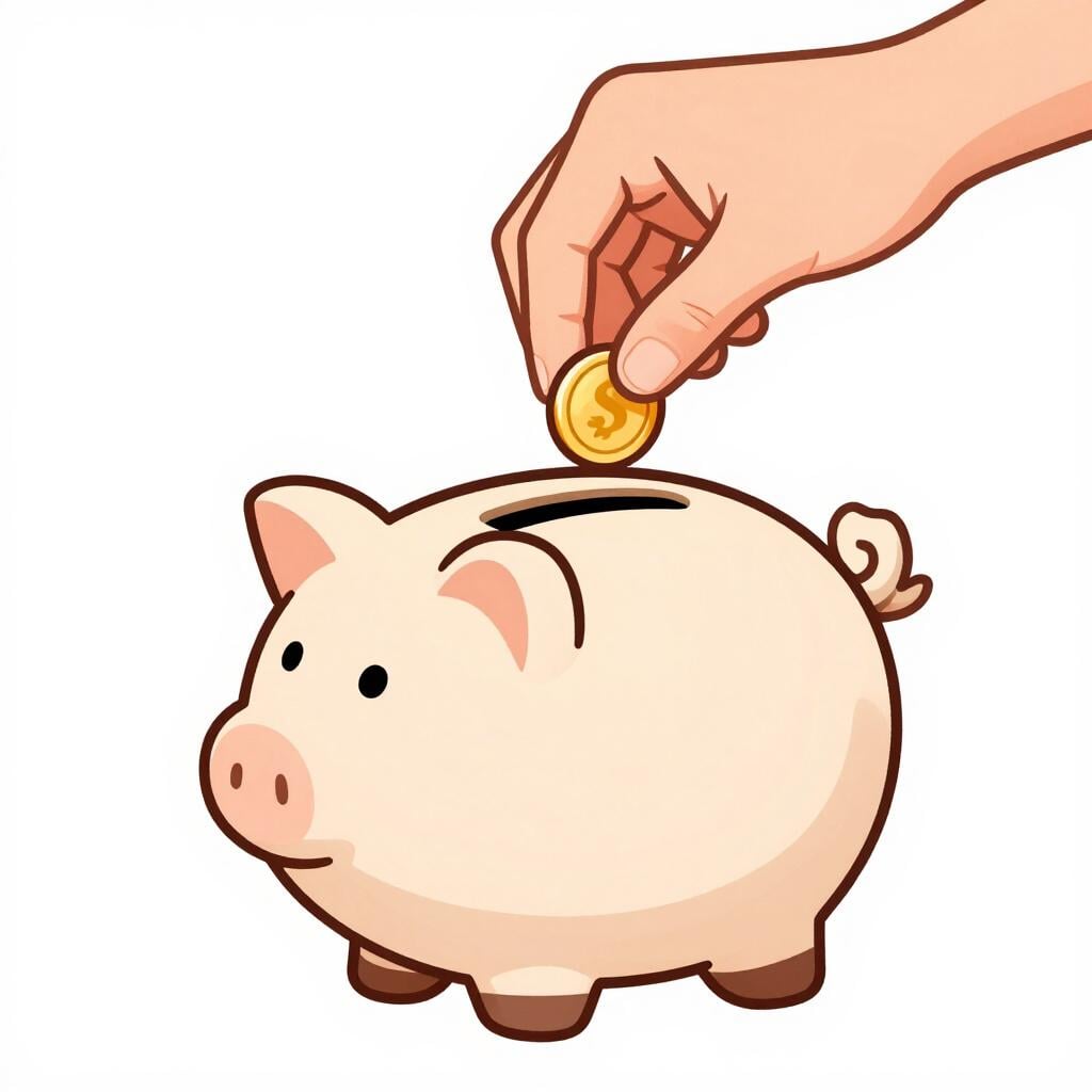 A hand placing a stack of gold coins into a small ceramic piggy bank.
