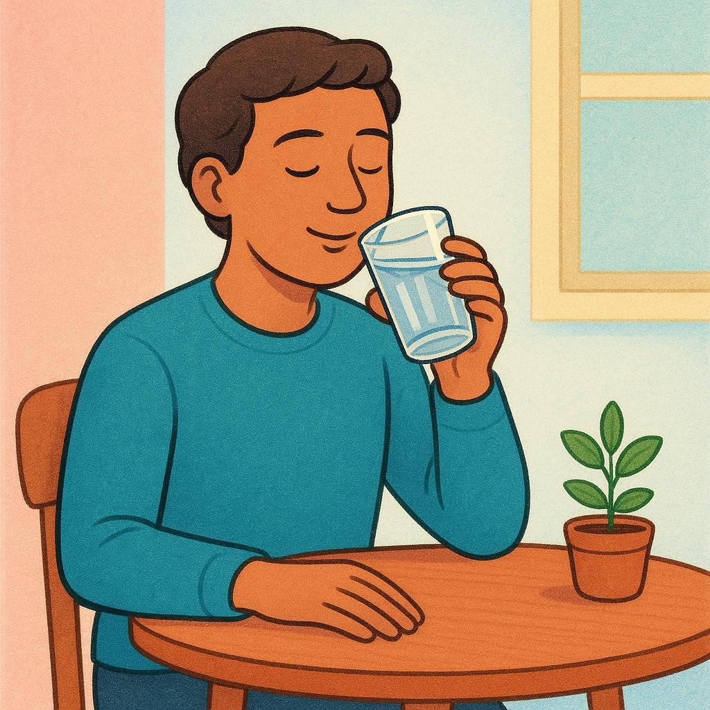 A calm, composed person with a clear expression sitting at a small table, gently sipping from a glass of clear water.