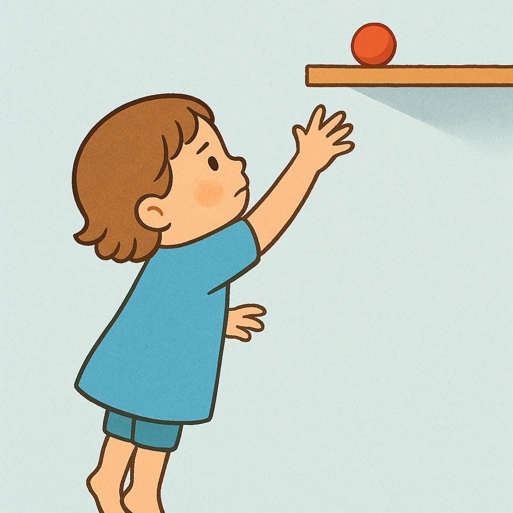 A small child standing on tiptoes, stretching their hand out toward a brightly colored, high shelf containing a single toy, demonstrating the limit of their reach.