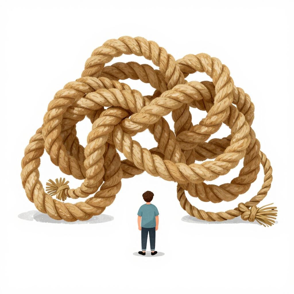 A small character looking at a massive, tangled knot of thick rope that is taller than they are.