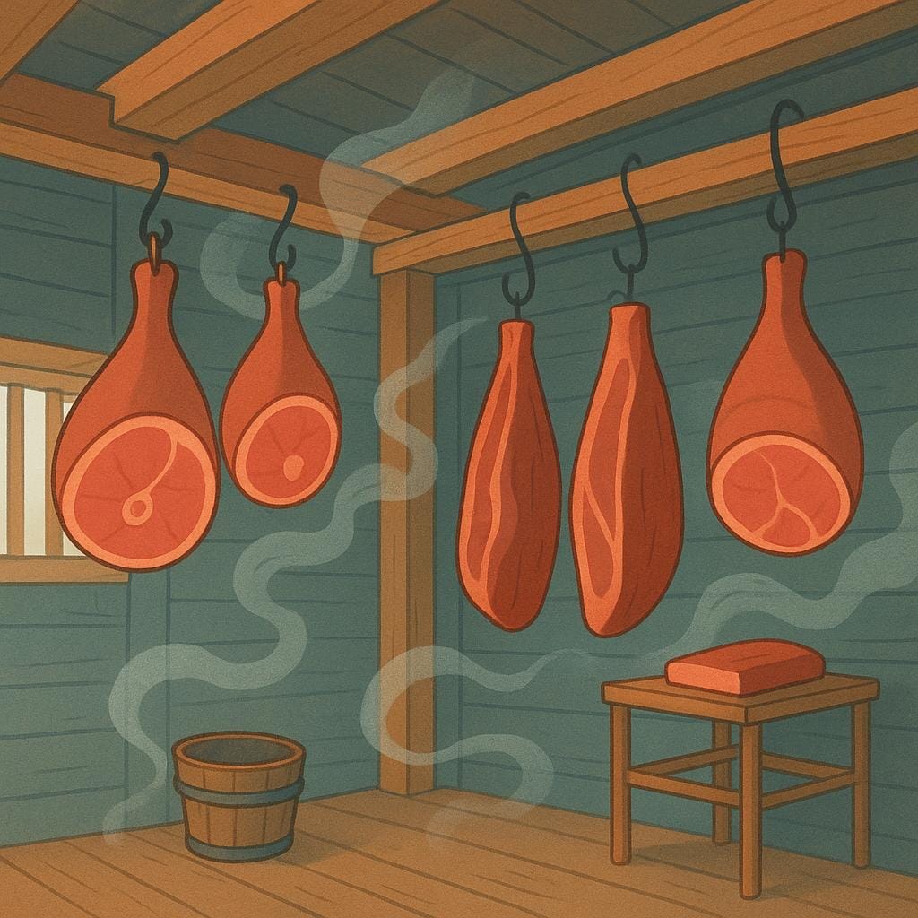 A storybook illustration showing several large cuts of meat hanging inside a rustic smokehouse, being cured by smoke.