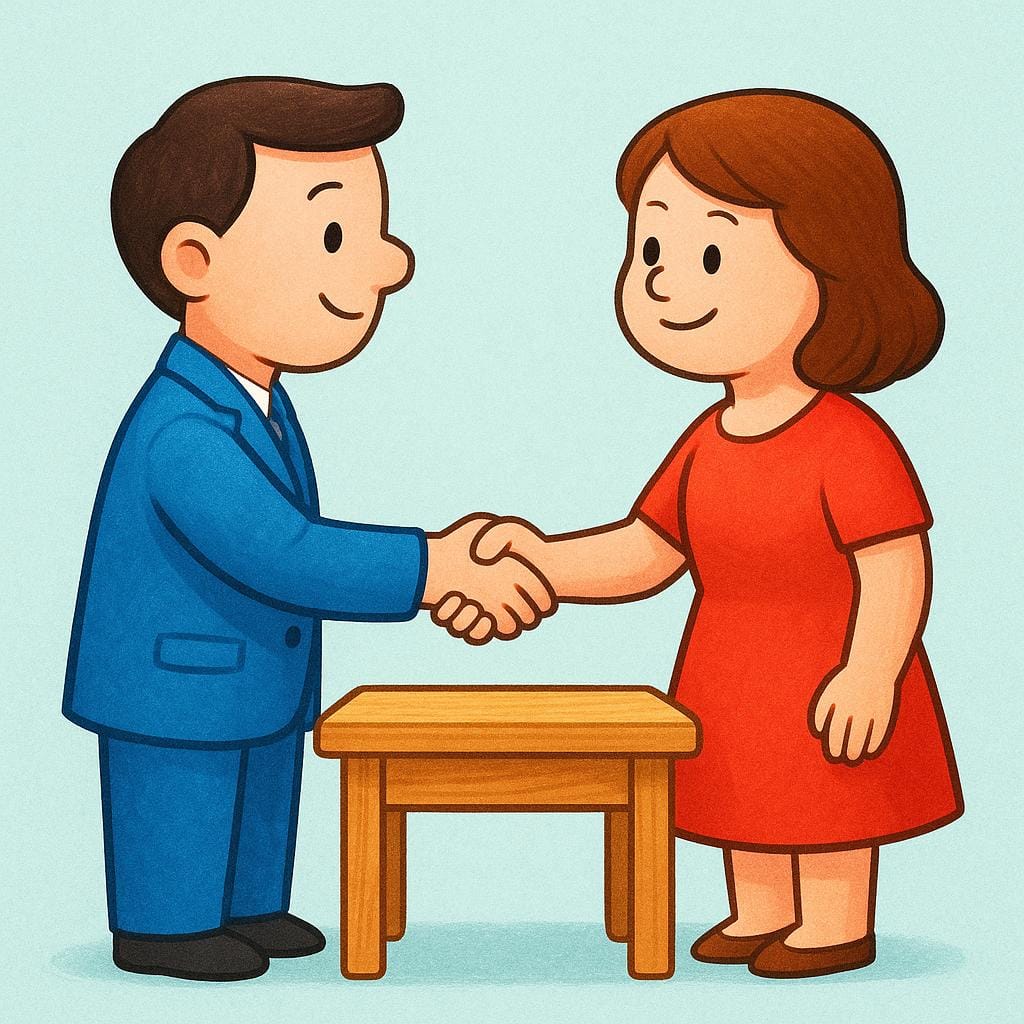 Two professional-looking figures shaking hands across a table, symbolizing a business partnership.