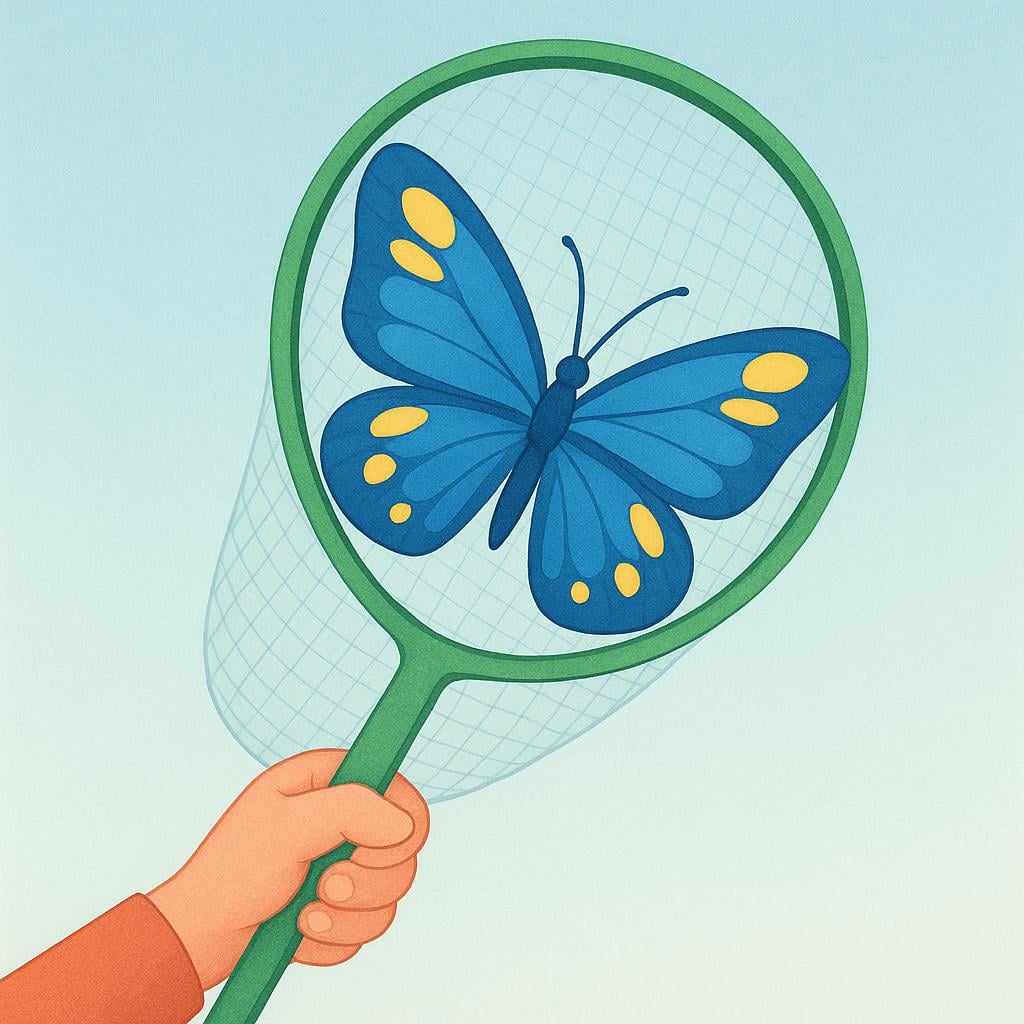 A person's hand holding a butterfly net that has successfully caught a brightly colored butterfly.