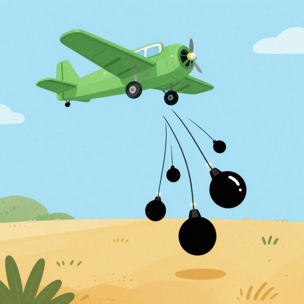 A classic airplane dropping round black bombs onto a target area.
