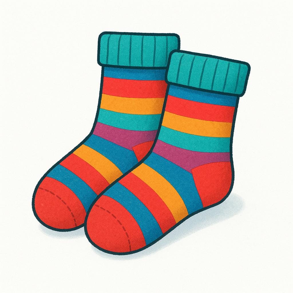 Ein leuchtendes Paar leuchtend bunter, gestreifter Socken, die nebeneinander auf einem neutralen Hintergrund liegen.