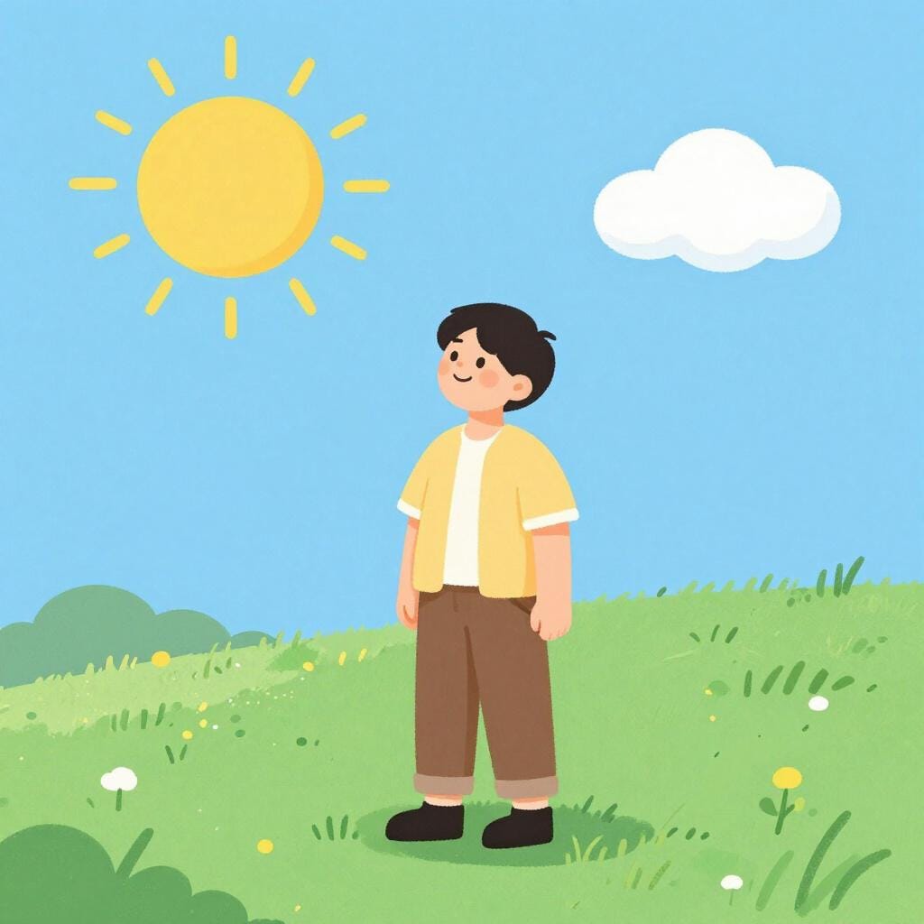 A cheerful person looking up at a bright sun peeking through white clouds, smiling with hope.