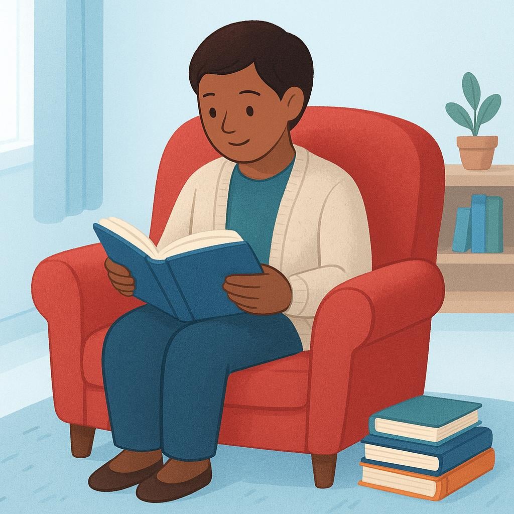 A person sitting comfortably in a large armchair, deeply focused on reading a thick book.