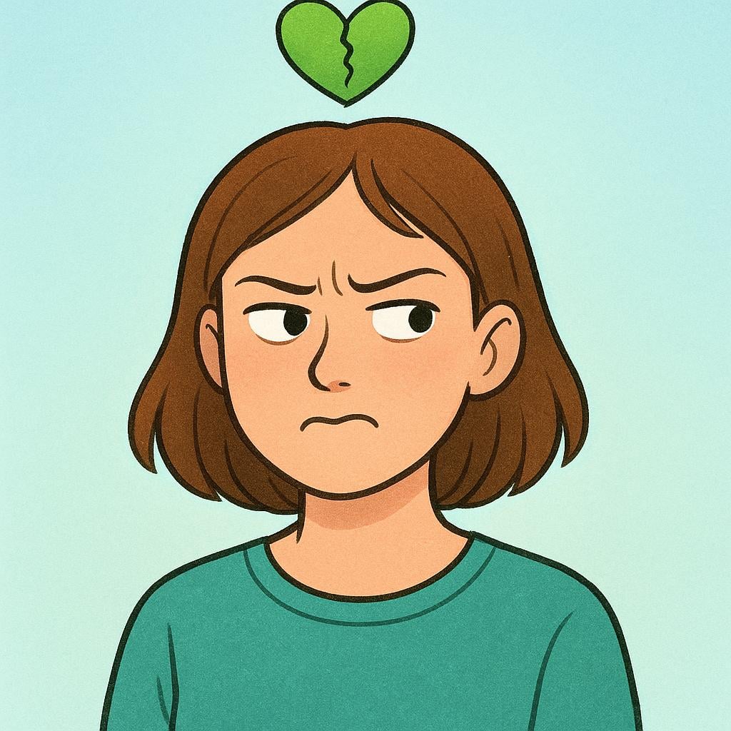 A storybook illustration of a young woman with a worried and suspicious expression. A small, slightly cracked green heart is floating above her head, symbolizing envy and distress.