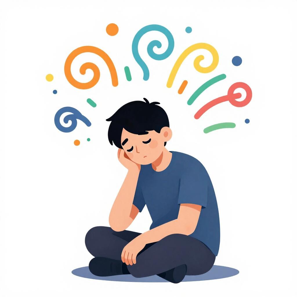 Una persona seduta a terra con un'espressione confusa e stordita, circondata da vortici colorati fluttuanti.