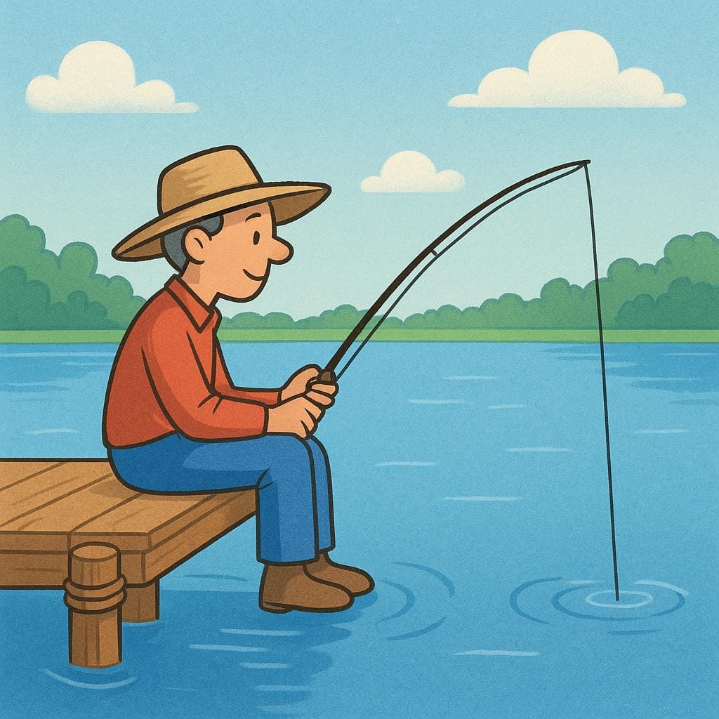 A quiet scene featuring a person sitting on a wooden dock, holding a fishing rod over a calm blue lake, engaged in the activity of fishing.