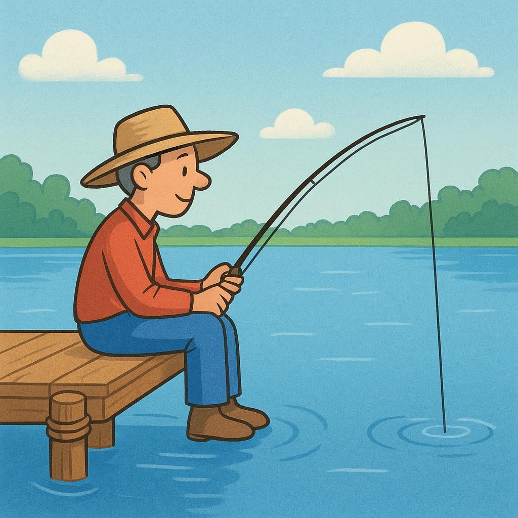 A quiet scene featuring a person sitting on a wooden dock, holding a fishing rod over a calm blue lake, engaged in the activity of fishing.
