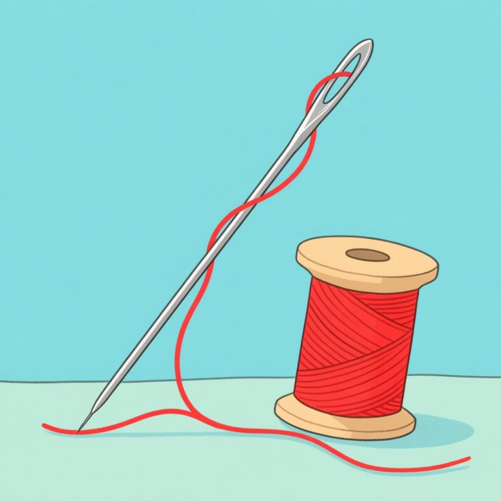 Une illustration simple et colorée de livre d'histoires montrant une aiguille à coudre argentée avec un long fil rouge vif passant par son chas, la reliant à une bobine de fil rouge assorti en bois.