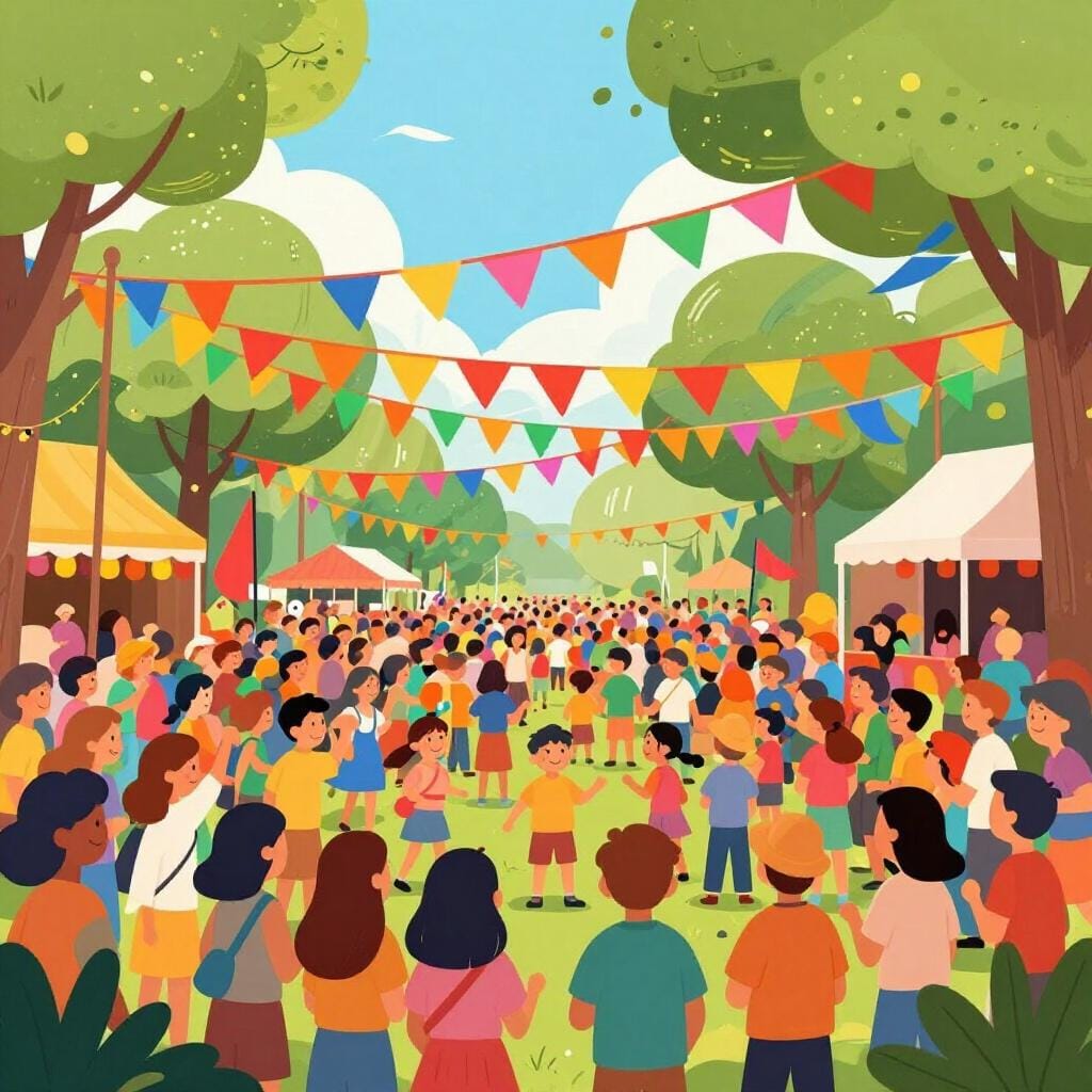 Um festival colorido ao ar livre com uma grande faixa, bandeiras coloridas e uma multidão de pessoas celebrando.