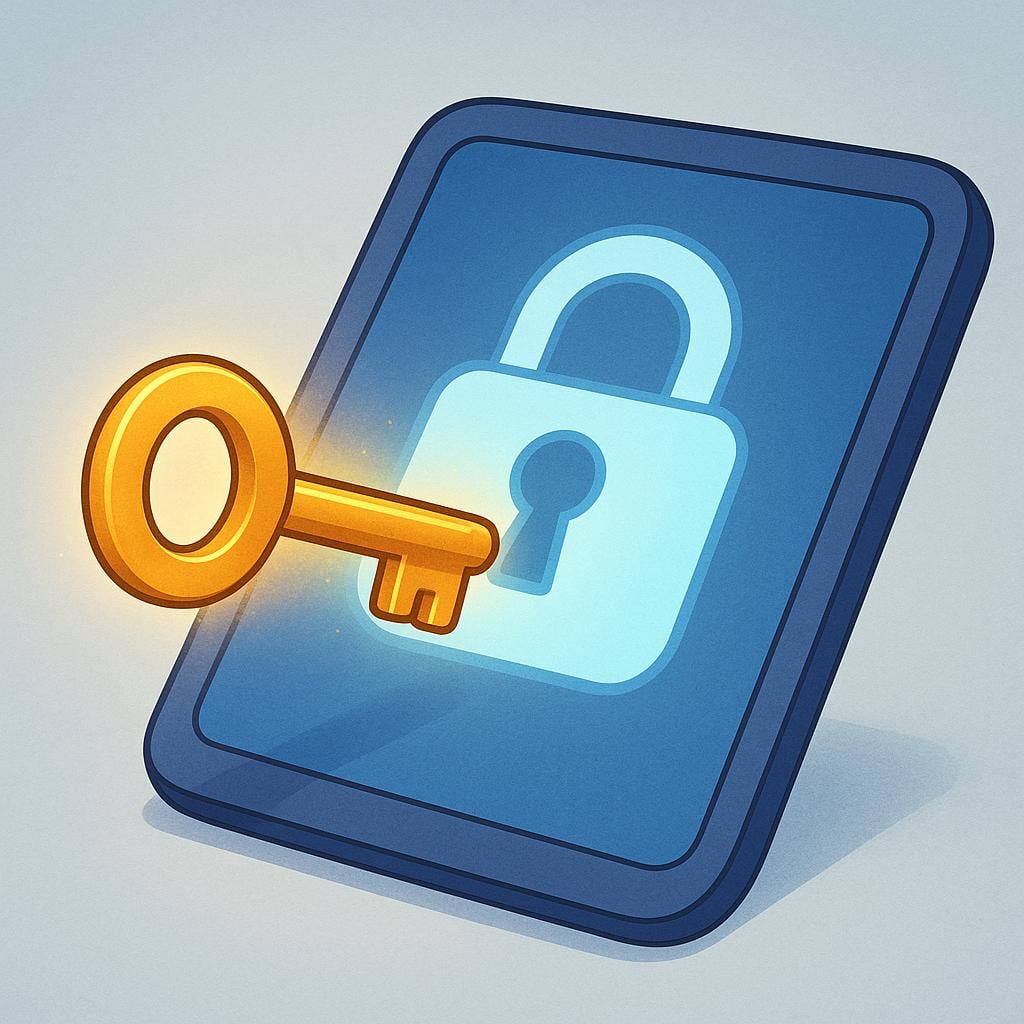 A glowing golden key preparing to enter a stylized, illuminated digital lock displayed on a simple blue screen, symbolizing digital security.