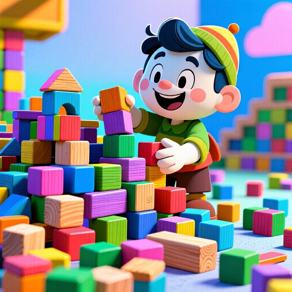 A whimsical character counting a large, disorganized pile of colorful wooden blocks.