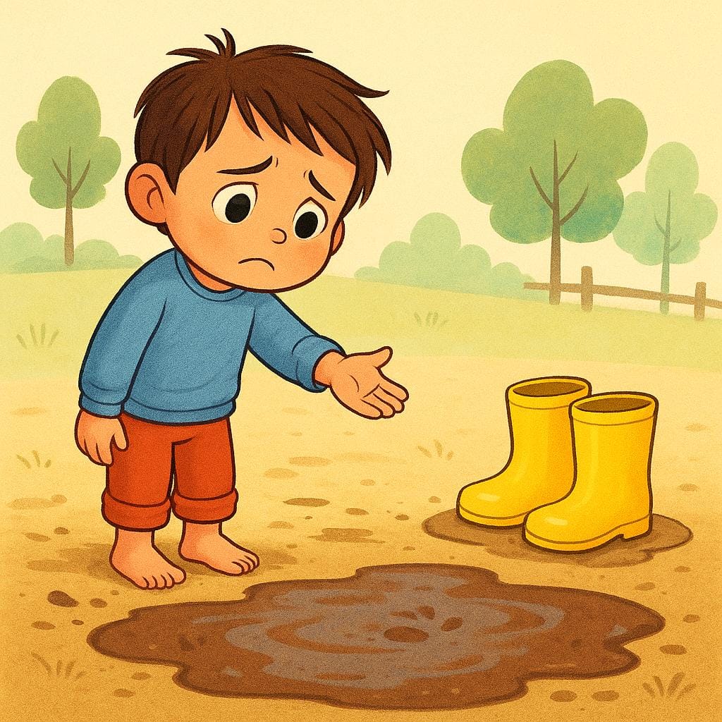 A sad child standing barefoot next to a large, muddy puddle. The child is holding out their hand, looking distressed because they need a pair of rain boots to cross the puddle.