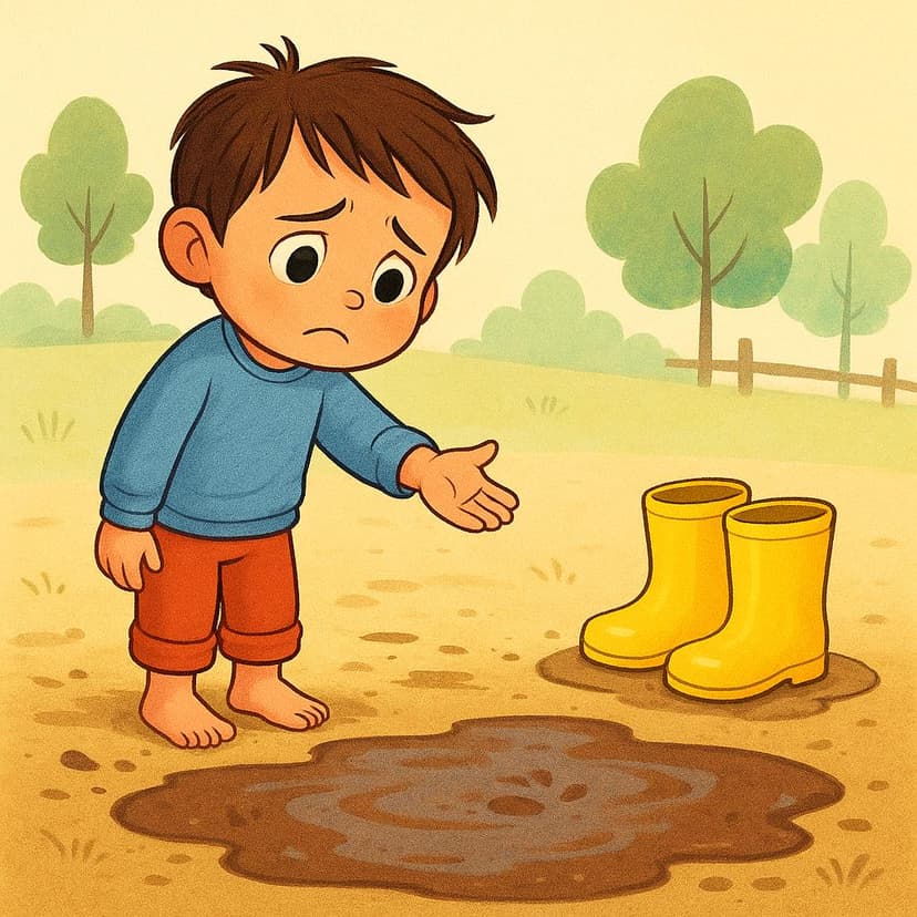 A sad child standing barefoot next to a large, muddy puddle. The child is holding out their hand, looking distressed because they need a pair of rain boots to cross the puddle.
