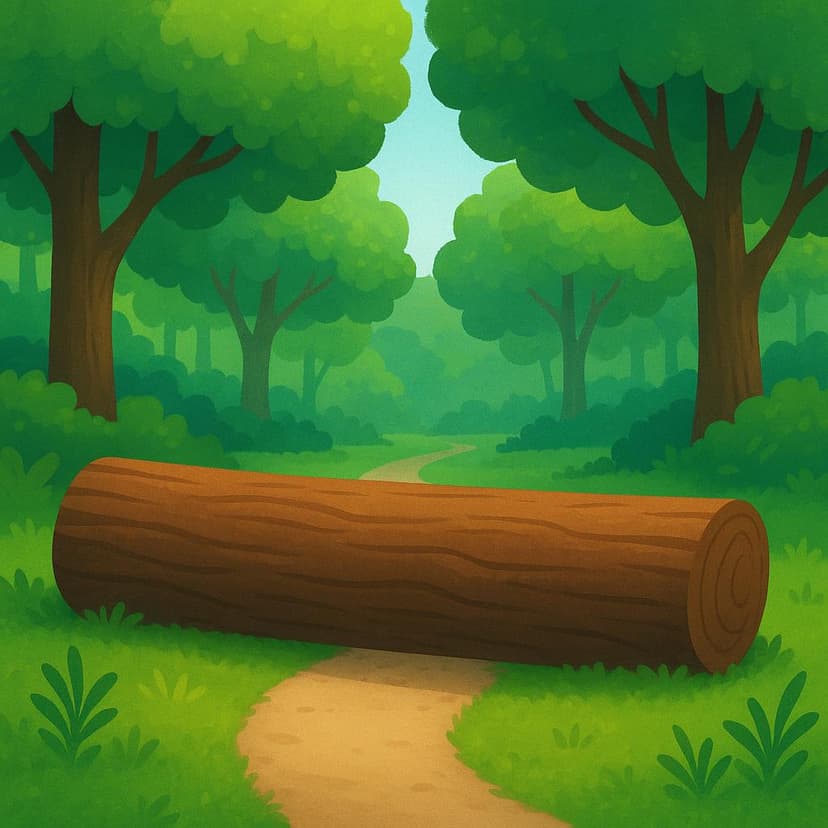 Ein großer, umgestürzter Baumstamm versperrt einen Weg in einem farbenfrohen Wald.