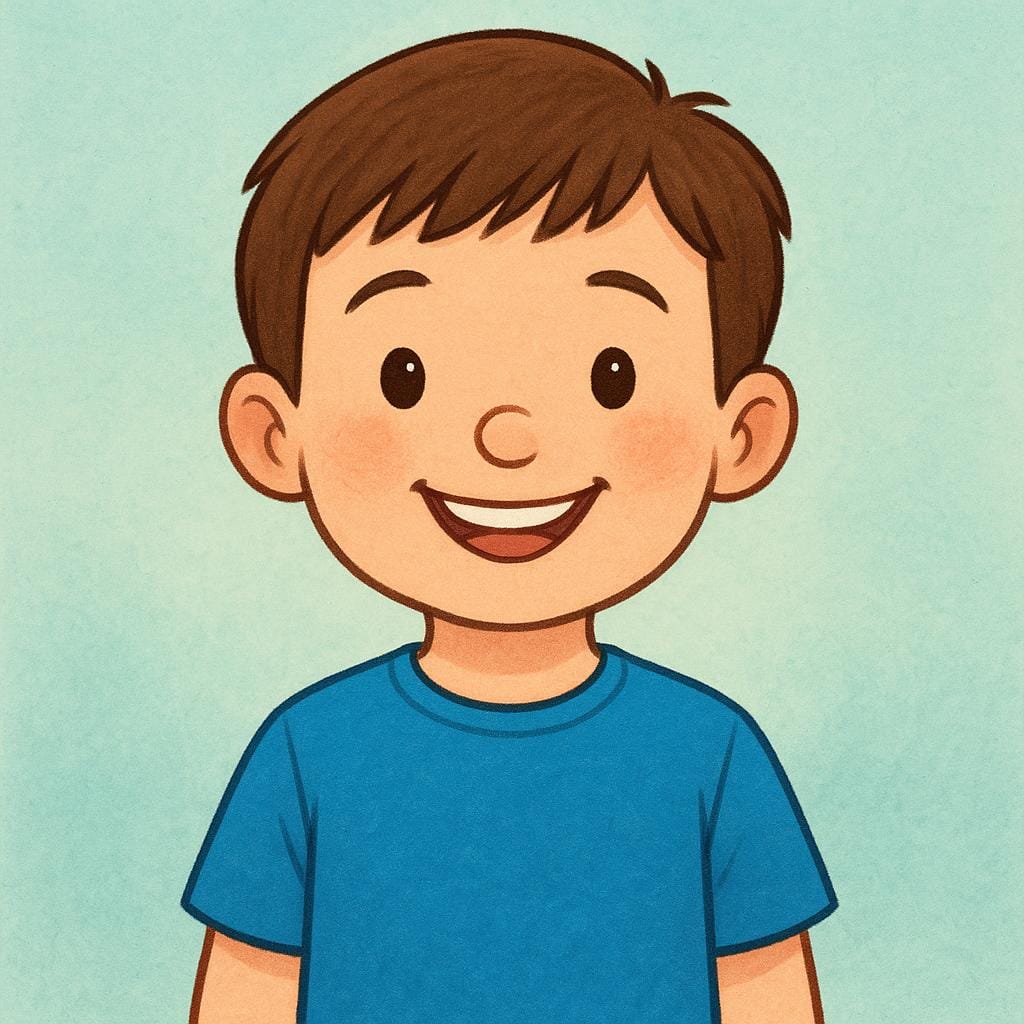 A friendly, smiling young boy with short brown hair wearing a simple blue t-shirt.