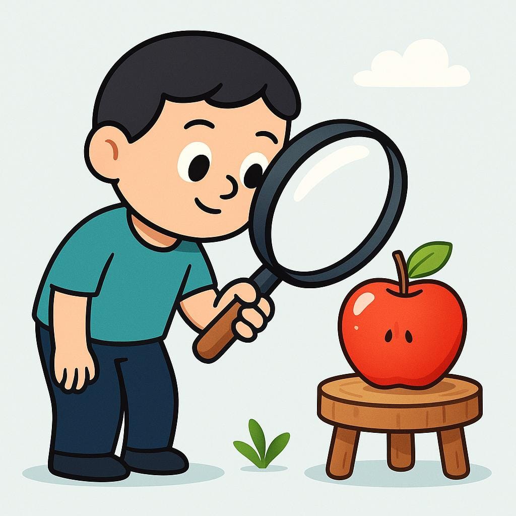 A cartoon character, dressed as an inspector, holding a large magnifying glass and intently examining a small, perfect red apple.