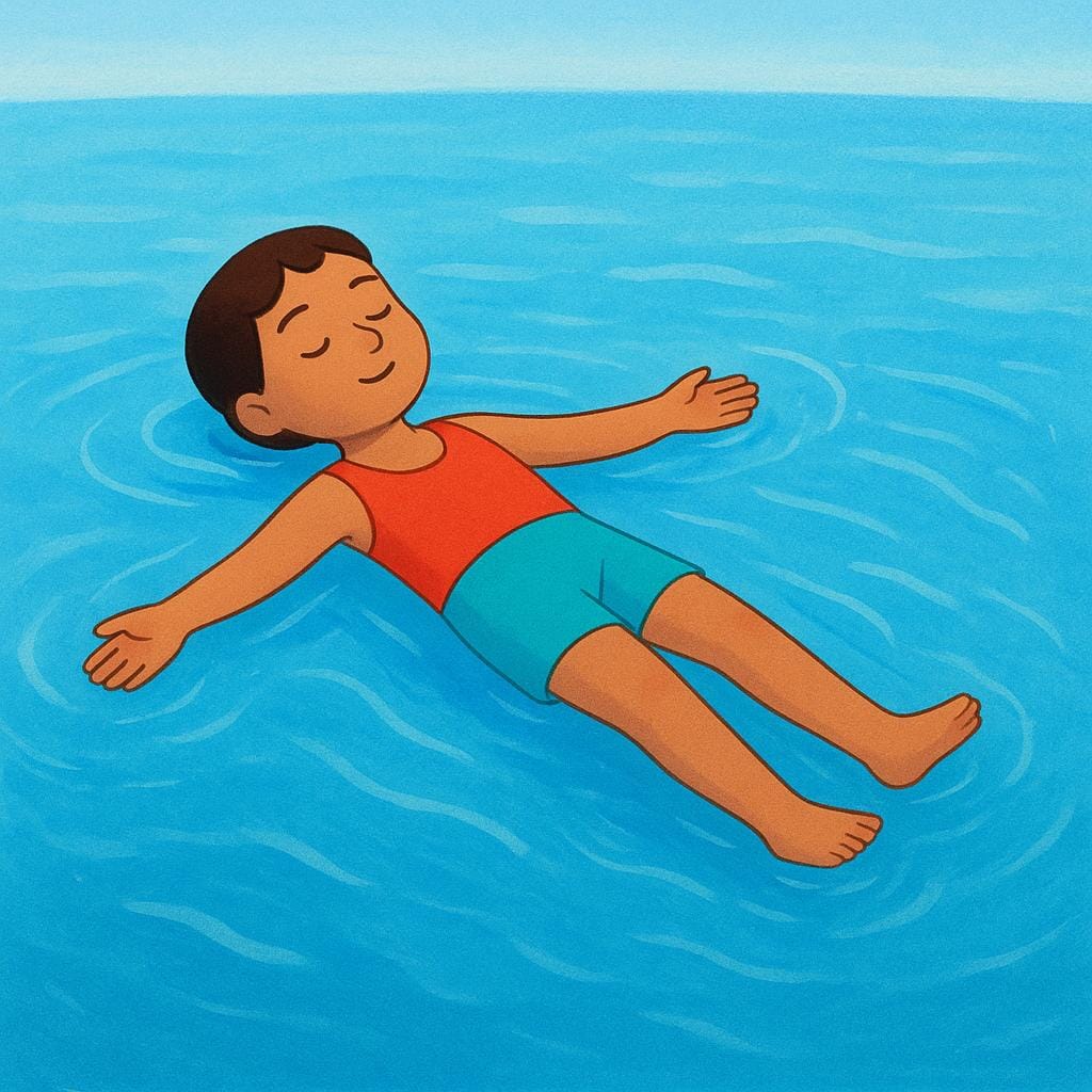 穏やかな青い水面に背中を向けて楽々と浮かんでいる人物の絵本風のイラスト。抵抗なく身を任せる、完全にリラックスした状態を示しています。
