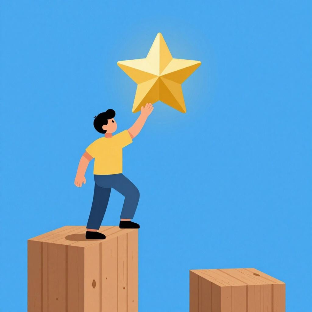 プロフェッショナルなスーツを着た人が、より高い木製のブロックに上がり、金色の星に向かって手を伸ばしている。