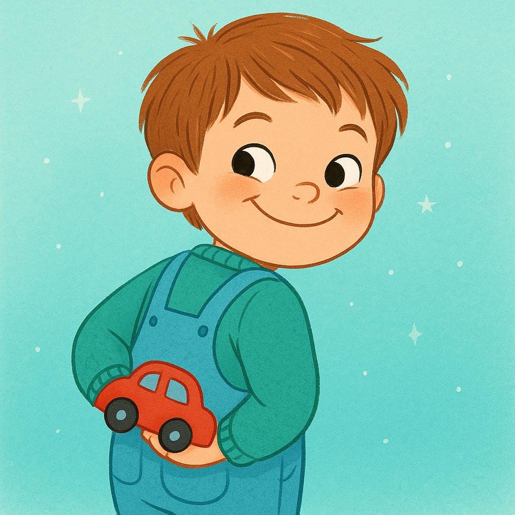 A storybook illustration showing a young child with a wide, mischievous smile and bright eyes, playfully hiding a toy behind their back.