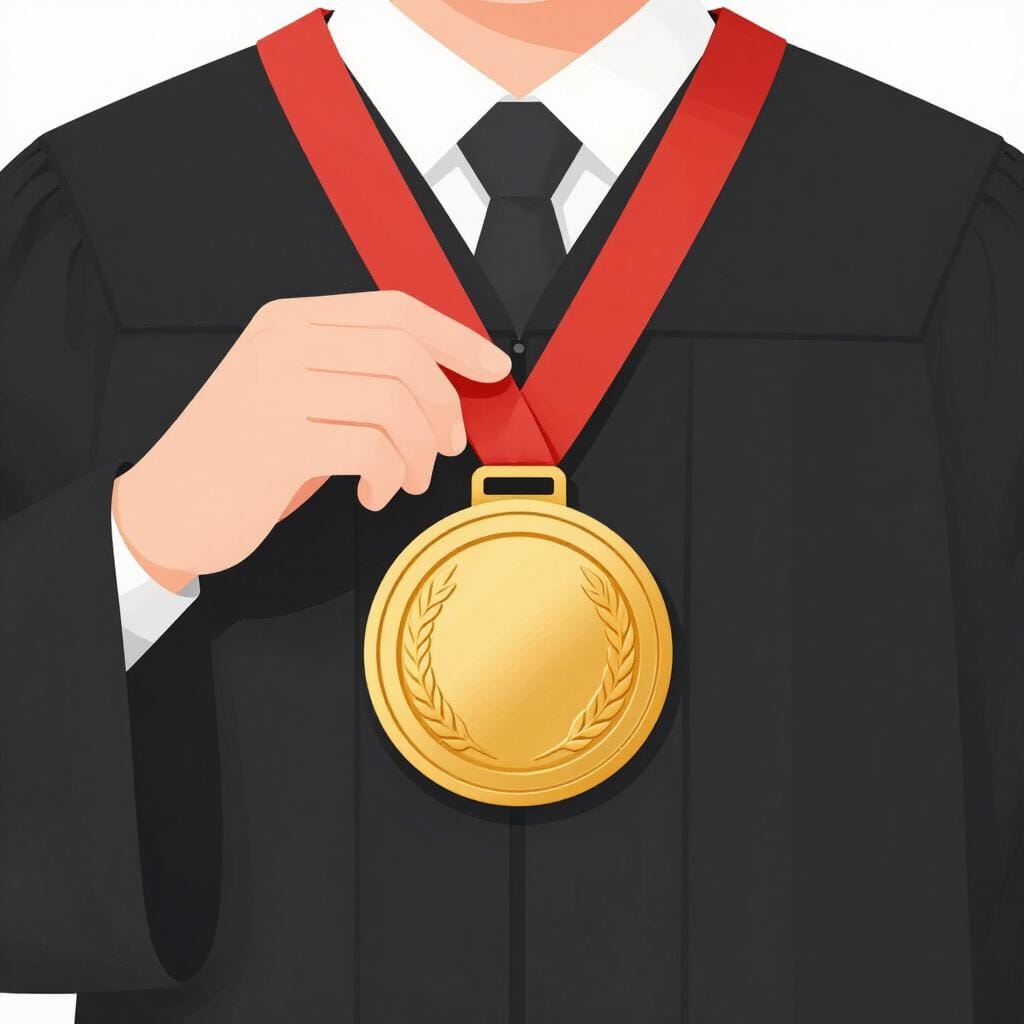 A person wearing a graduation gown and a brightly colored sash receiving a gold medal around their neck.