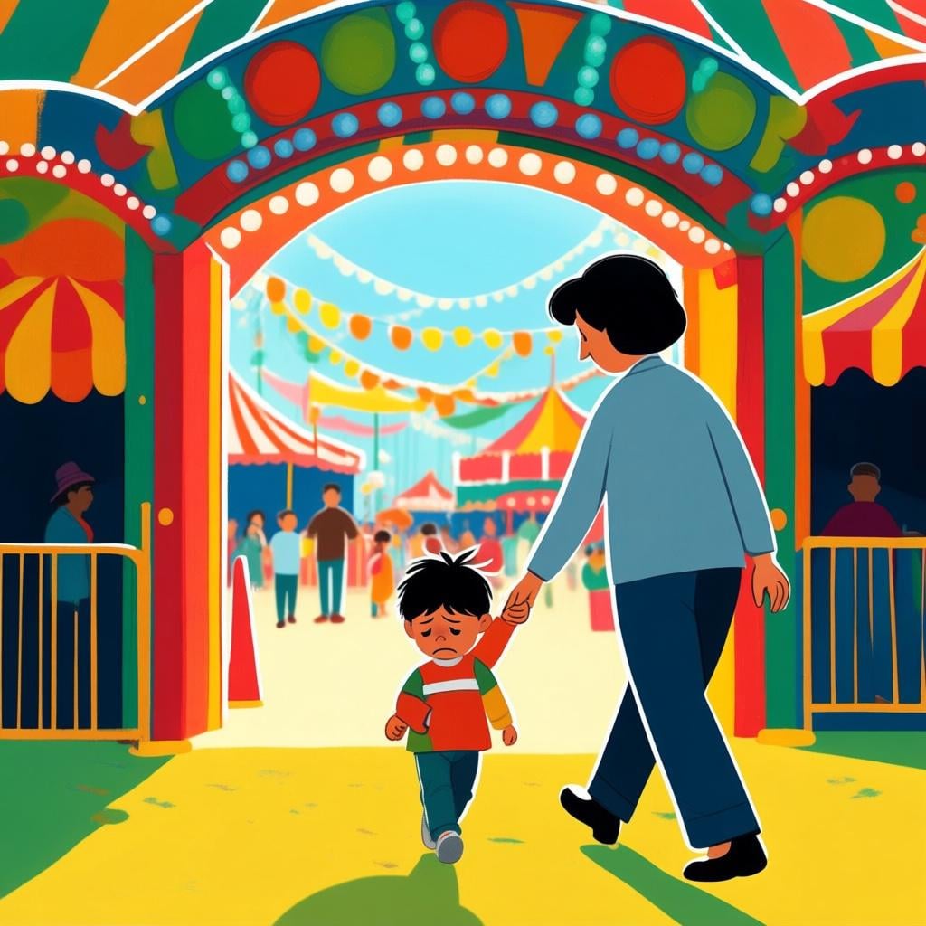A child frowning while being gently led away from a colorful, bustling carnival entrance by an adult.