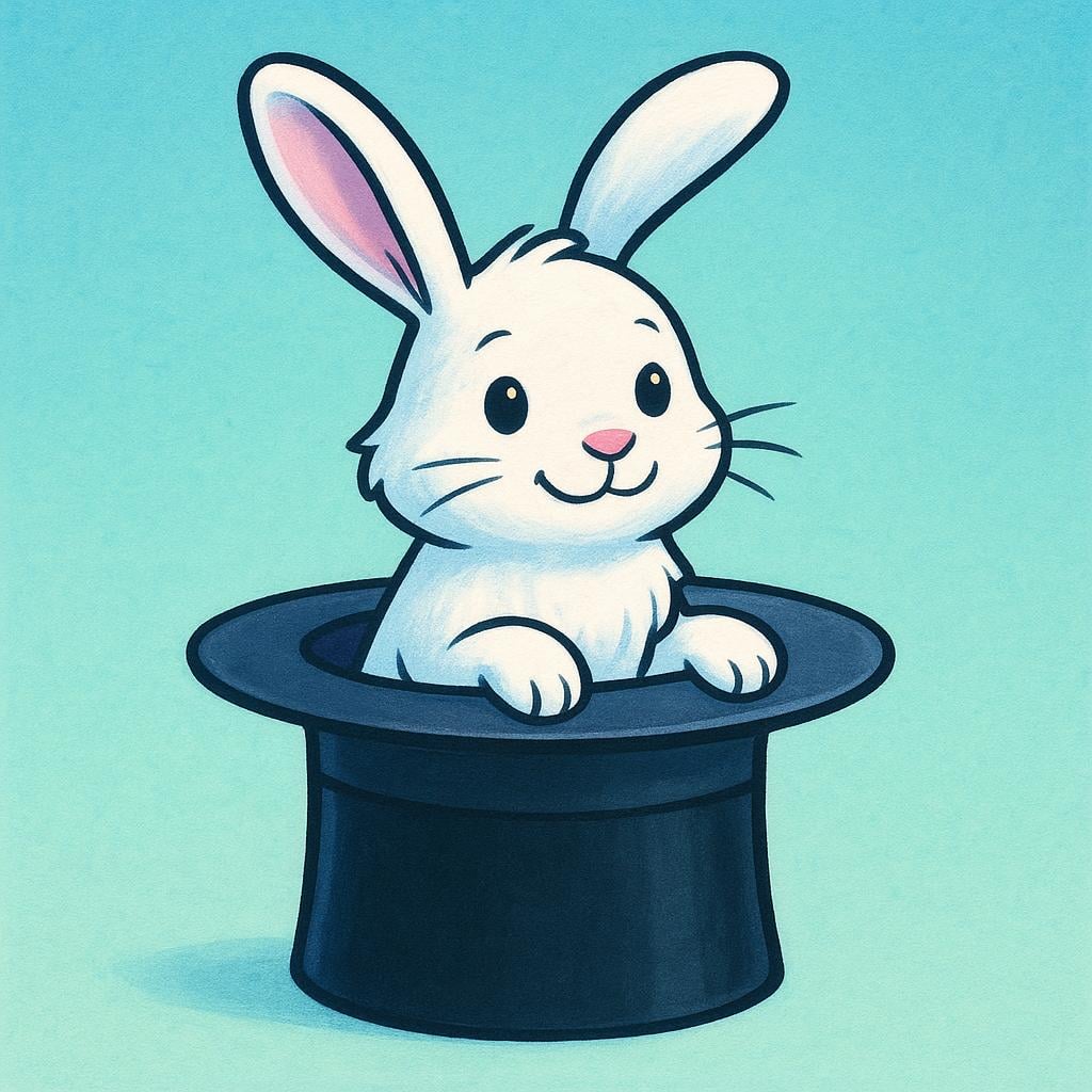 A white rabbit is being pulled halfway out of a tall black magician's top hat.