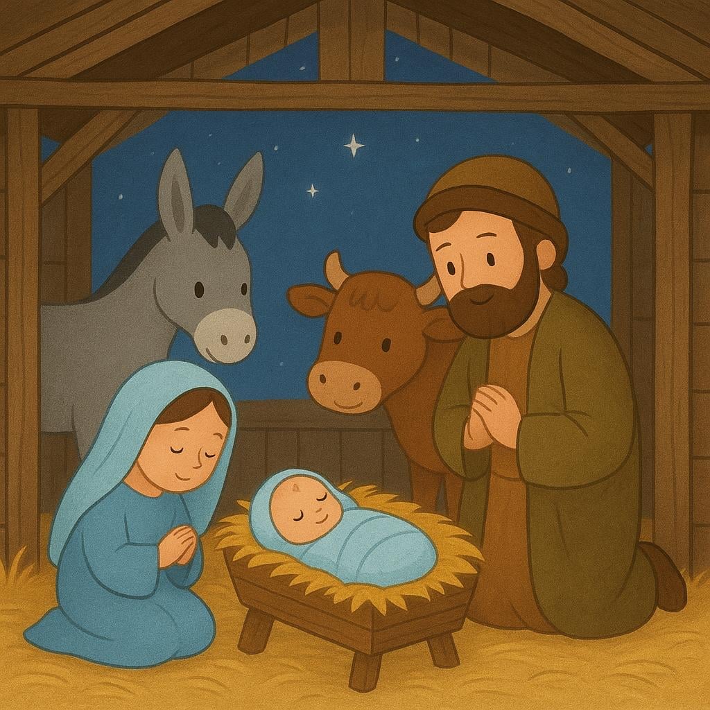 A traditional Nativity scene featuring small figures of Mary, Joseph, and the baby Jesus in a manger inside a wooden stable.
