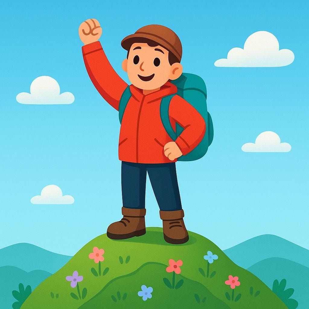 A stylized, smiling hiker stands triumphantly on the grassy summit of a mountain, raising one arm in celebration of reaching the goal.