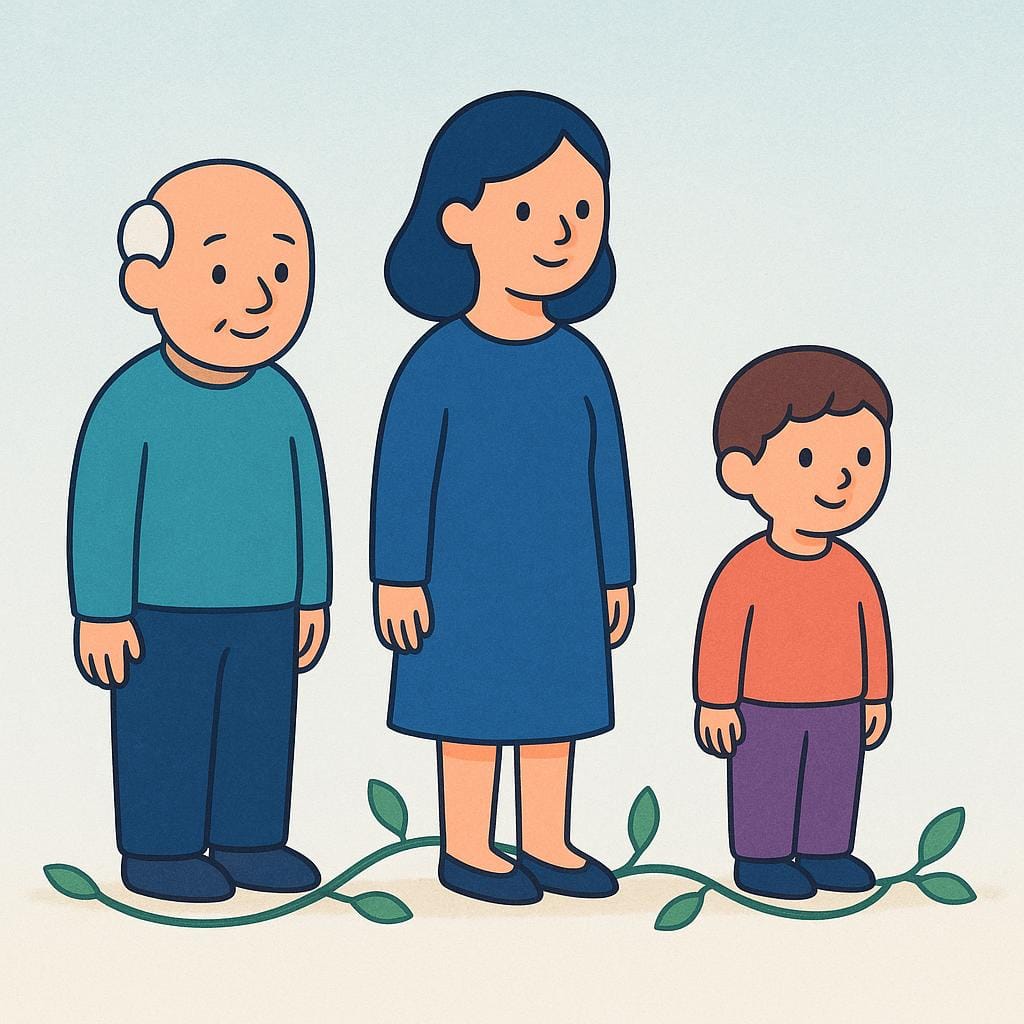 A simple storybook illustration showing three stylized figures of descending size, representing a grandparent, parent, and child, connected by a stylized root structure at their base, symbolizing lineage.
