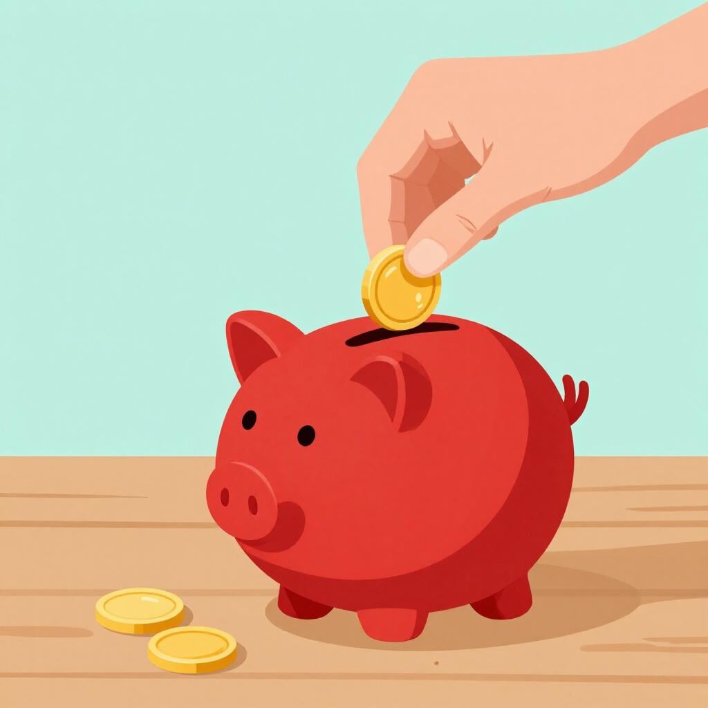A person placing a gold coin into a ceramic piggy bank.
