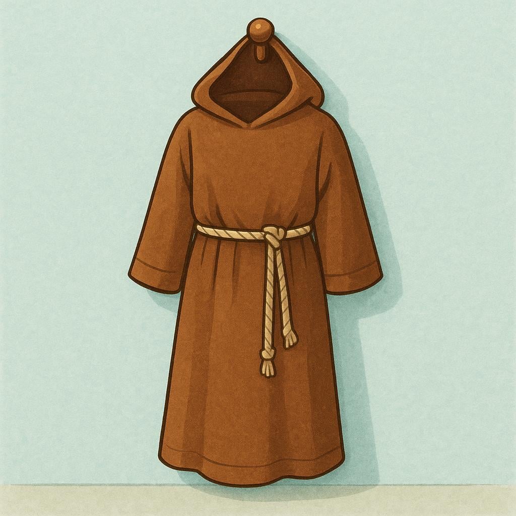 A long, simple brown monastic robe with a rope belt and hood, representing traditional religious clothing.