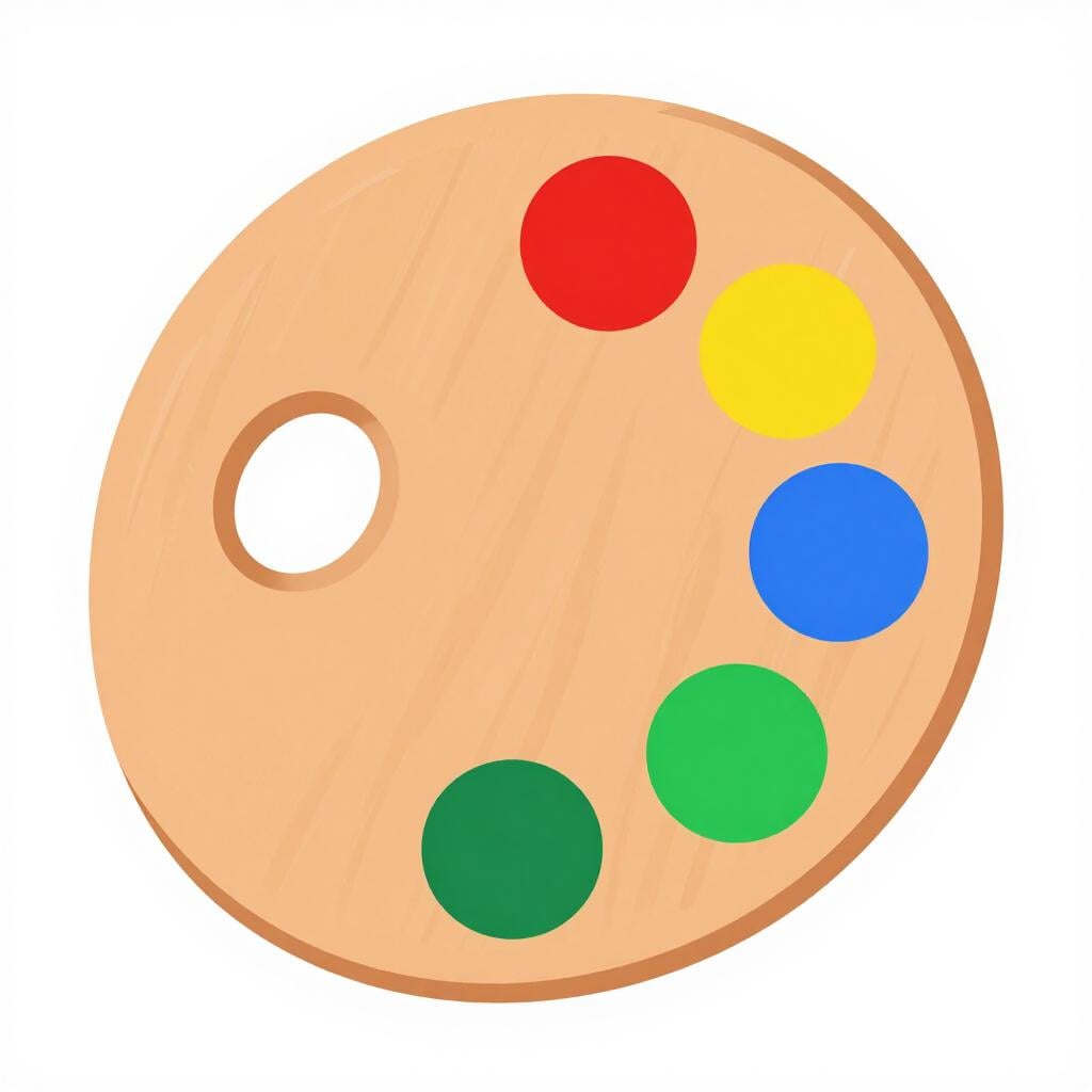 A wooden artist's palette with several dollops of different colored paints and a clean paintbrush resting on it.
