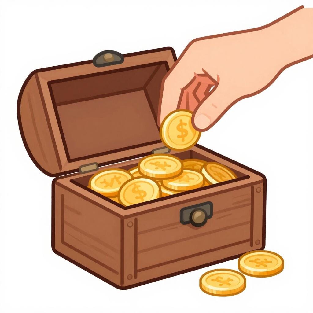 A small pile of gold coins being carefully counted and squeezed into a tiny wooden box that is almost full.