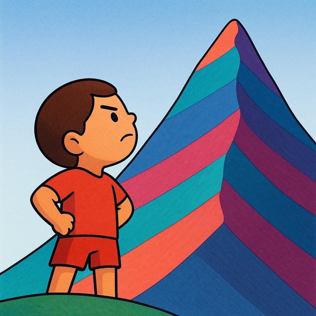 Eine farbenfrohe Illustration eines entschlossen dreinblickenden Kindes, das auf einen kleinen, steilen Hügel blickt, den es erklimmen will, was eine Herausforderung symbolisiert.