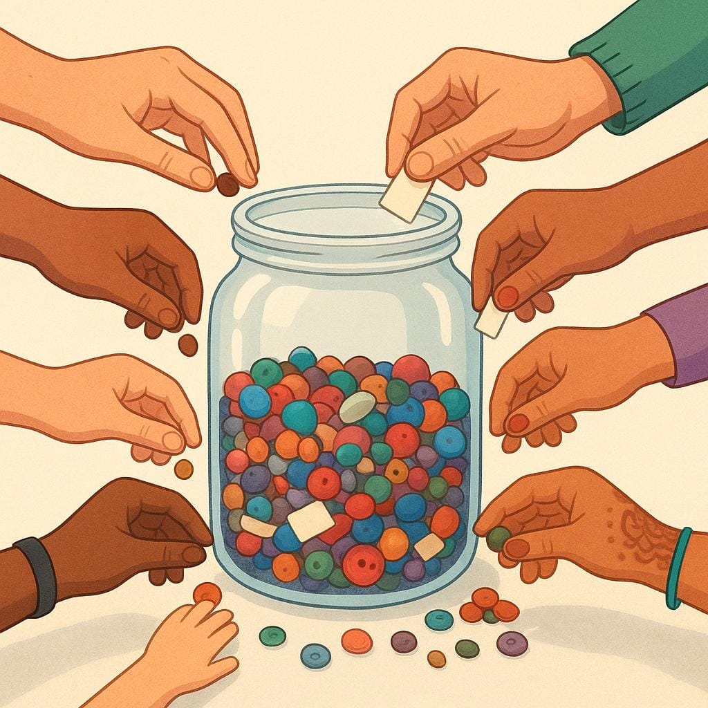 Une illustration colorée représentant plusieurs mains déposant différents objets, tels que des graines, des pièces de monnaie et de petits outils, dans un seul grand bocal en verre transparent, symbolisant la contribution.