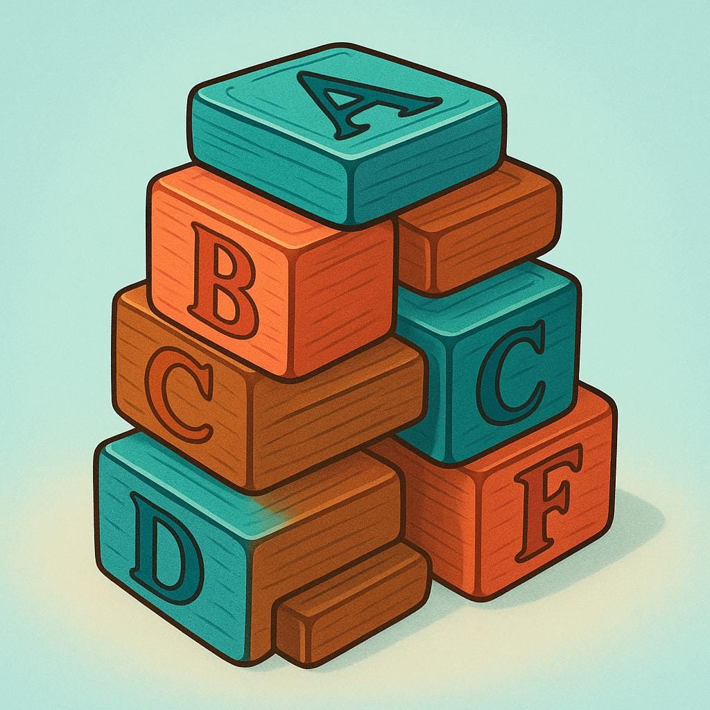 A neat stack of small, rectangular wooden printing blocks, representing type elements or fonts.