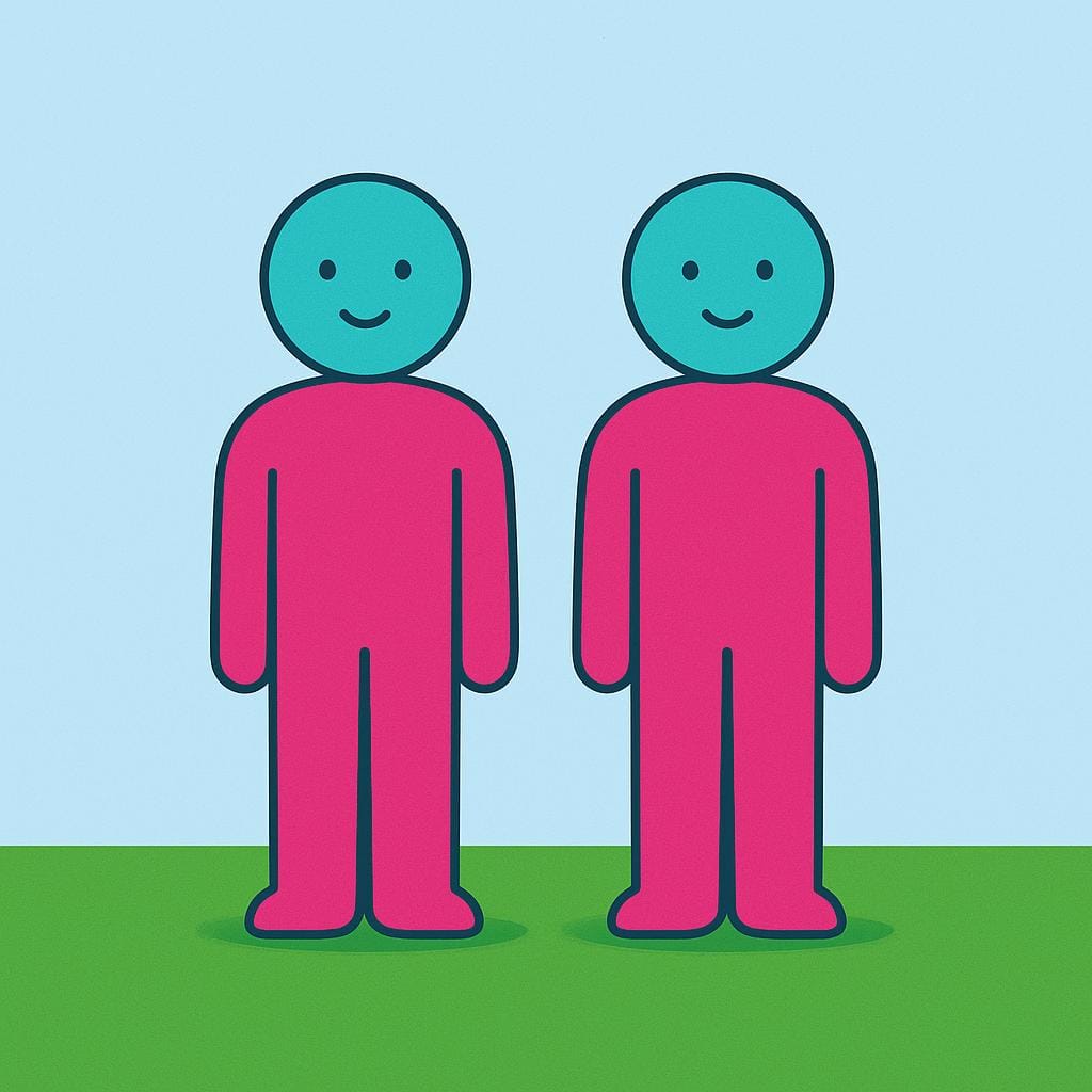 Two identical, geometrically simple, brightly colored human-shaped figures standing side-by-side on a perfectly level, shared platform, emphasizing equality of status.
