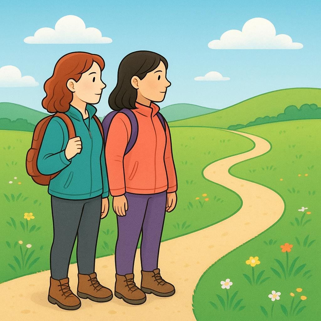 Two women wearing hiking boots and backpacks, standing at the start of a clear path with determined expressions, looking prepared and ready to begin their journey.