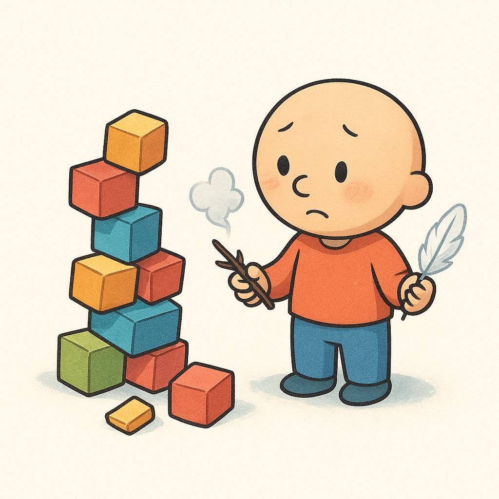 A small, cartoonish figure standing next to a task they clearly failed, like a poorly built stack of blocks. The figure is holding three different, flimsy objects (a feather, a twig, and a puff of smoke) in their hands, offering them as substitute explanations, symbolizing excuses.
