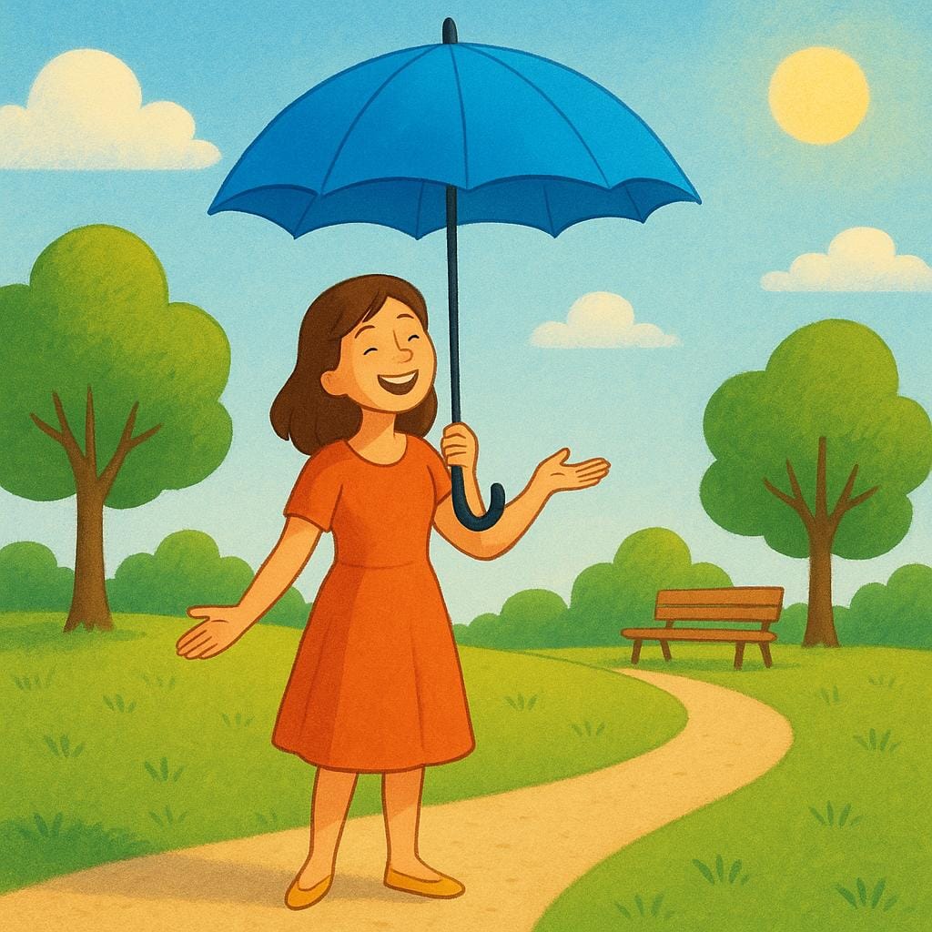 晴れた日に青い傘を逆さにして持ち、にこやかに笑っている女性が日当たりの良い公園に立っている。