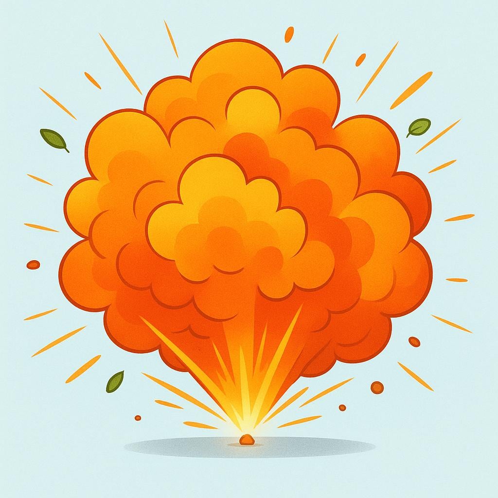 A vibrant storybook illustration of a massive orange and yellow blast cloud expanding outward from a central point on the ground.