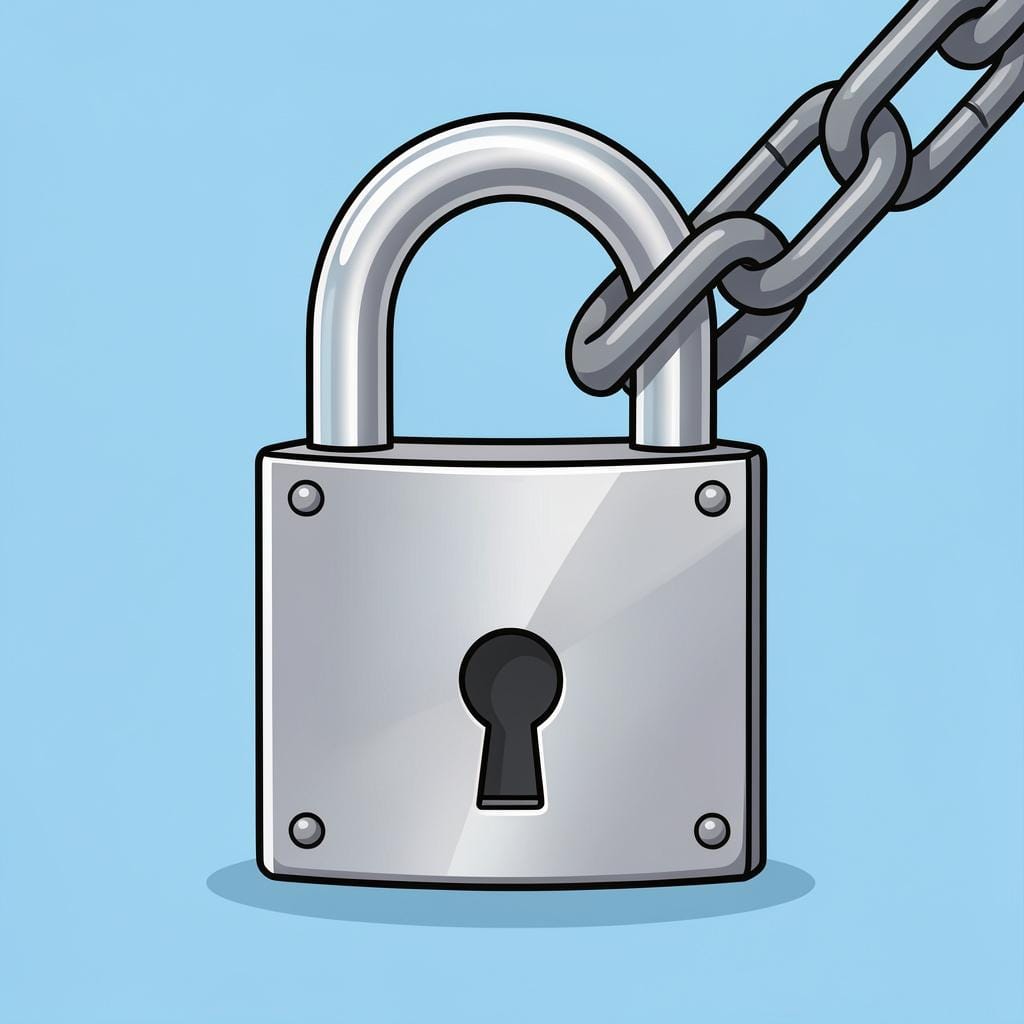 A heavy metal padlock securely locked onto a thick iron chain.