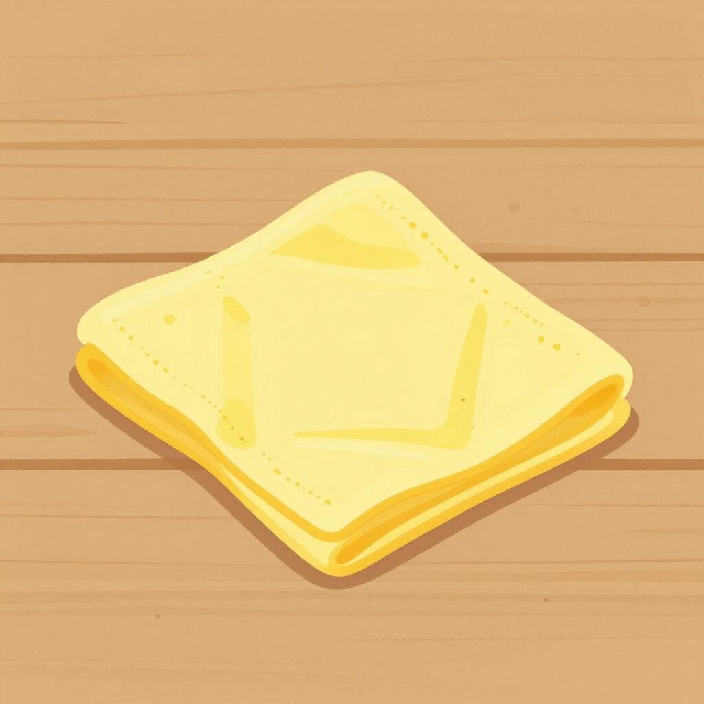 A soft yellow cleaning cloth folded neatly on a wooden table.