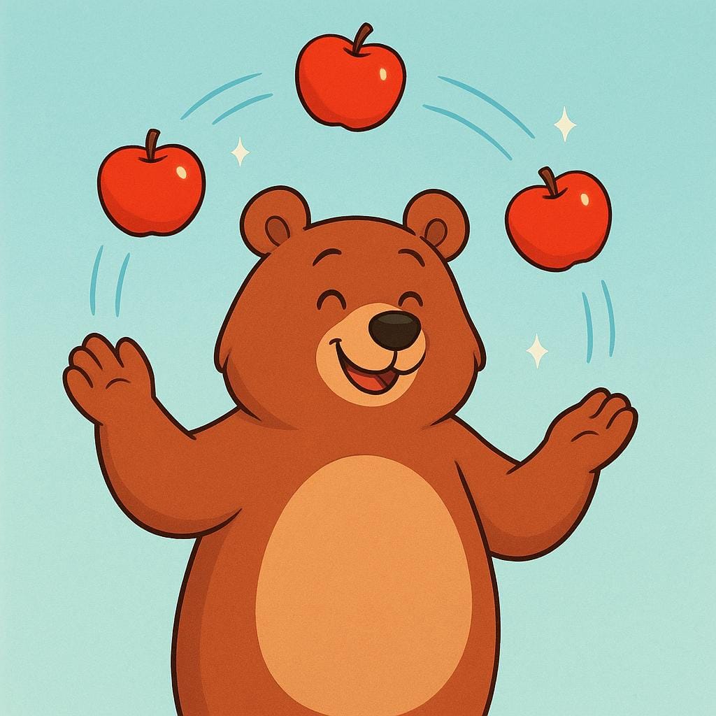 A stylized cartoon bear standing confidently while expertly juggling three red apples, representing competence or ability.